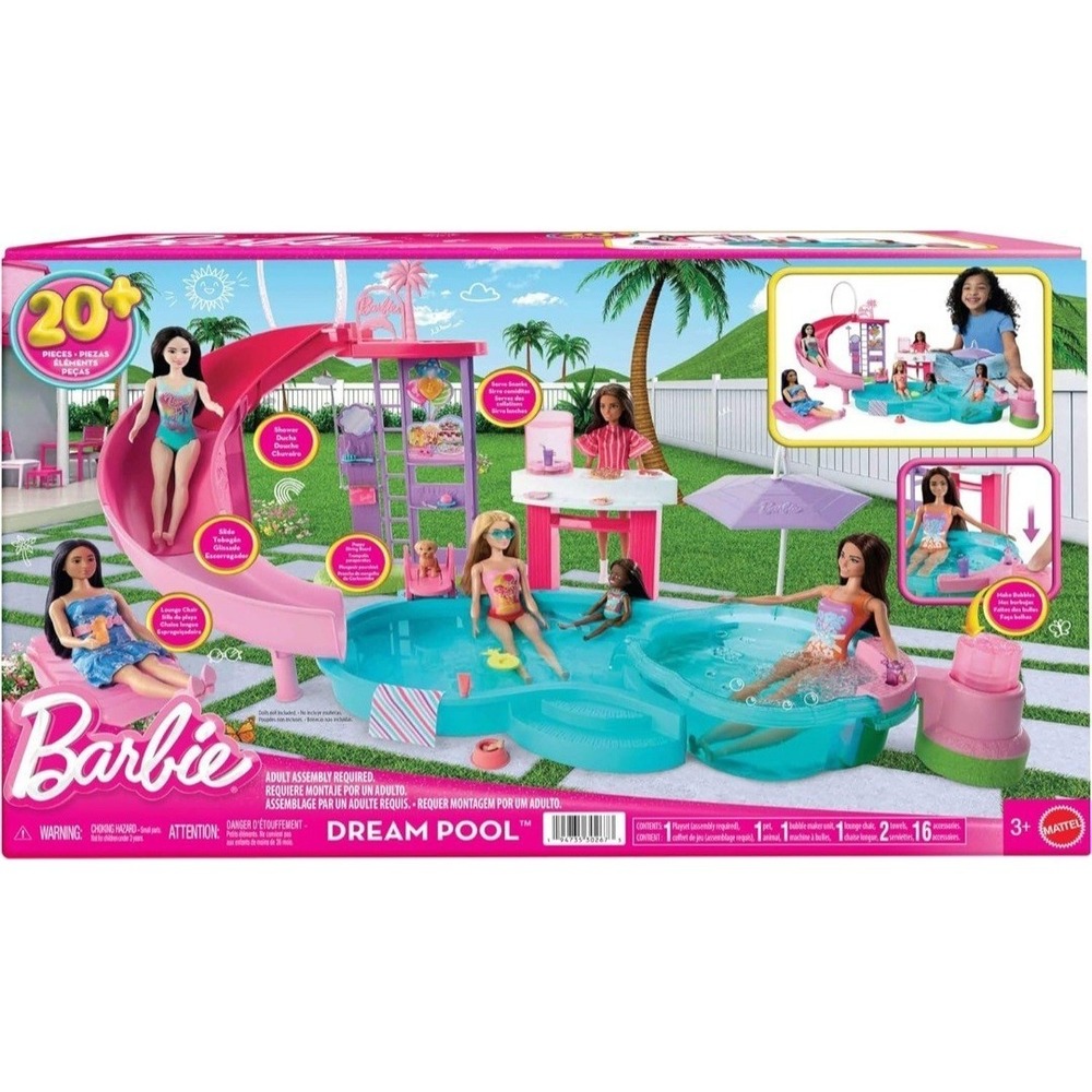 Barbie Dream Pool Playset with Slide & Bubbling Hot Tub, 20+ Accessories & Pet‎